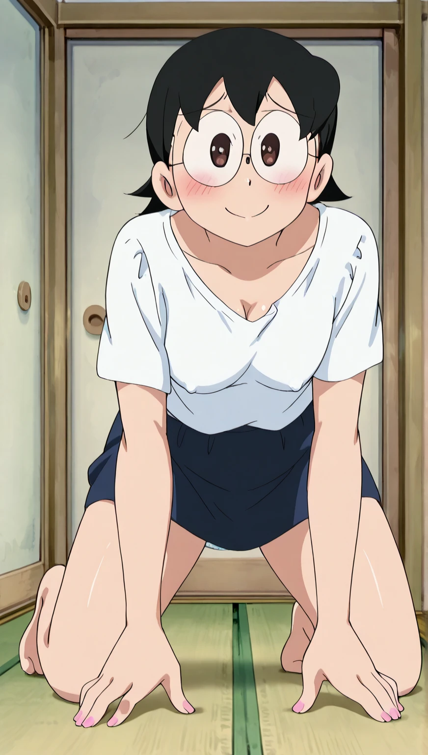 alone,
Kimiko Higuchi,One girl,
Short Ponytail,Low Ponytail,Medium Hair,brown hair,Blunt bangs,Glasses,Side Lock,Purple eyes,Blackheads under the eyes,
masterpiece, expensive quality, very_expensive_solve, big_file size, full color,(completely nude:1.2),pussy,niplles,(Loli kid),standing split,standing on one leg,