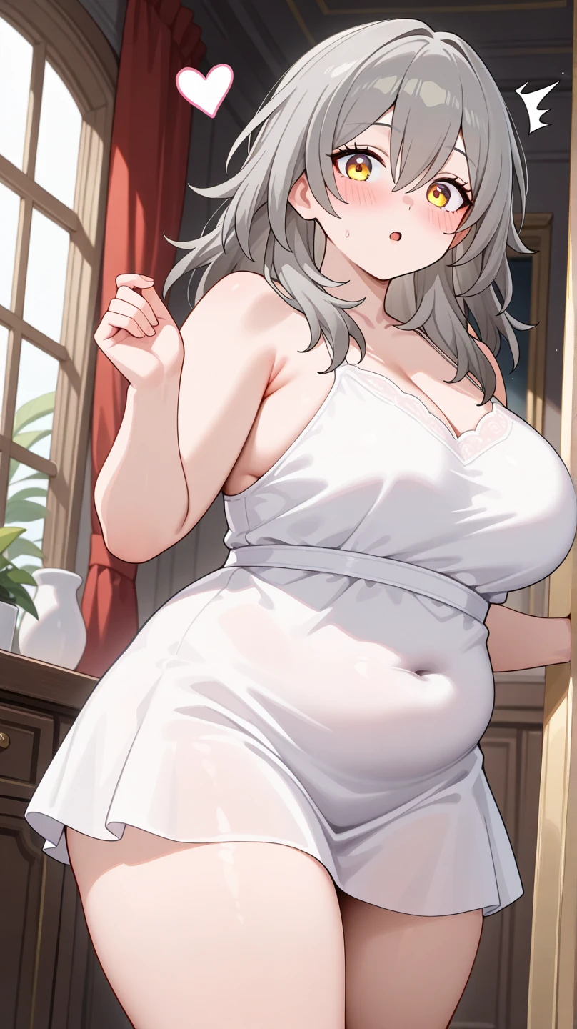 ((best quality)), ((Masterpiece)), (details), old maid, My hair started turning white.....,  purple eyes, Still beautiful, Youthful look, Age 60, big breasts, Not wearing a dress.., seductive pose, pregnant,bathroom, Have a smile,
