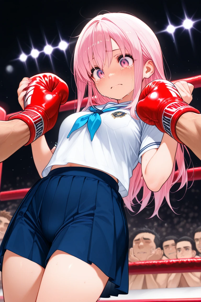 ((((1woman,tall stature)))and(((2shota boy,short stature)))),((((hetero)))),((((boxing ring)))),(1woman),(curvy),straight hair,(very long hair),pink hair,pink eyes,
large breasts,pale skin,shiny skin,ahegao,fucked silly,trembling,erectile nipples,((collared shirt,blazer,pleated skirt,,tie)),(((wearing black over-kneehighs))),Boxing Gloves,(vaginal,sex),(gangbang),intercourse with a shota boy,(excessive cum),cum in pussy,cum on breasts,cum on body,cum on clothes,facial,bukkake,cum in mouth,cum on hair,((((2shota boy)))),(petite),penis,dark-skinned shota boy,interracial,Boxing Gloves,(((masterpiece))), (((best quality))), ((ultra-detailed)), (illustration), ((an extremely delicate and beautiful)), (detailed background),