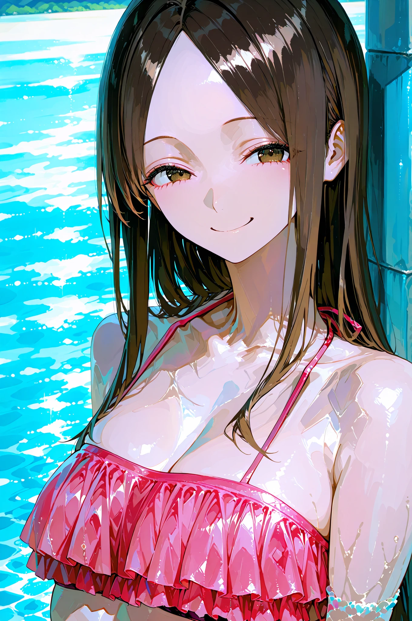 (highest quality, masterpiece:), ultra-high resolution, night, in the pool bar, Korean photo model, young and beautiful gravure idol, 23 years old, tight, wearing a flower print swimsuit, high leg, gigantic breasts, large areola, puffy nipple:1.4, skinny, bangs, long hair, light brown hair, forehead, unkempt hair, earrings, beauty, victory smile, mature woman, please face forward and look at the camera,