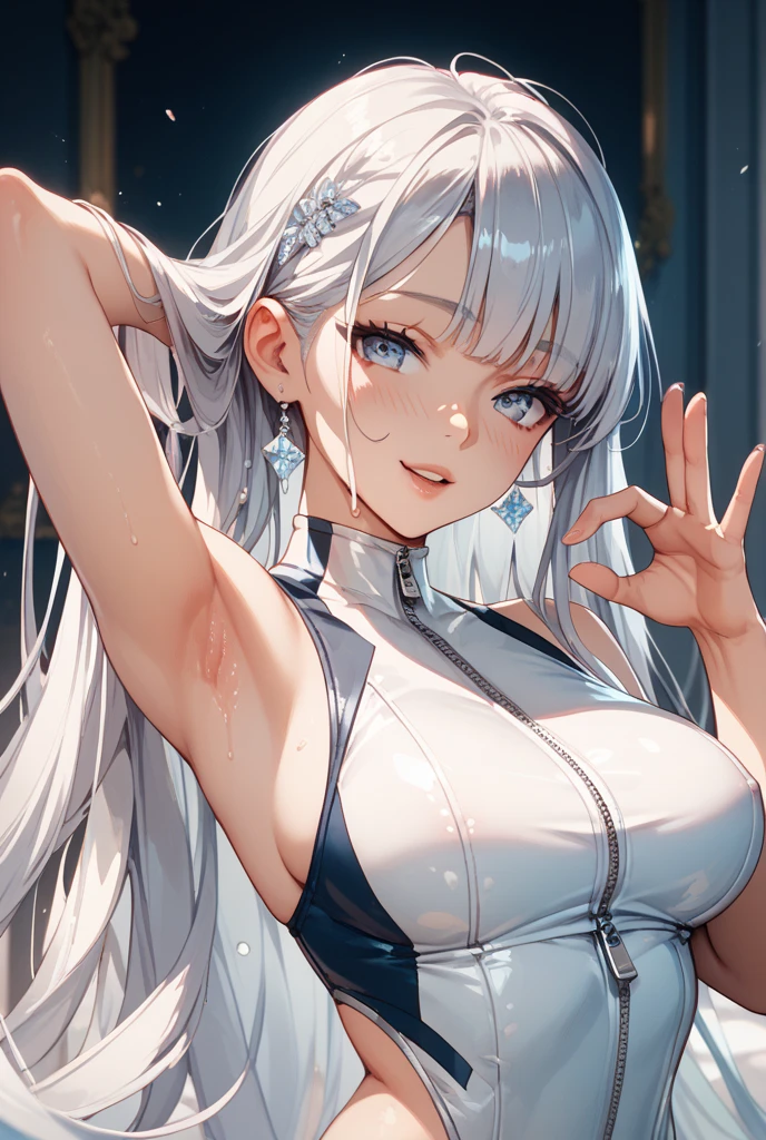 ((highest quality、High resolution、ultra detailed, 8K、masterpiece:1.8))、dynamic angle、I can see the whole body、wallpaper、1 girl、unparalleled beauty、ultimate beauty、super detailed face、delicate eyes、blue eyes, loving smile、sexy look、shirtlift tease, looking at the camera、Depth of bounds written、light particles、side light、ponytail、silver hair、white hoodie、black shortskirt, cropped hoodie underboob, Exposed underboob, huge breasts, white stockings, Sneakers、slim、slender、Street park ,