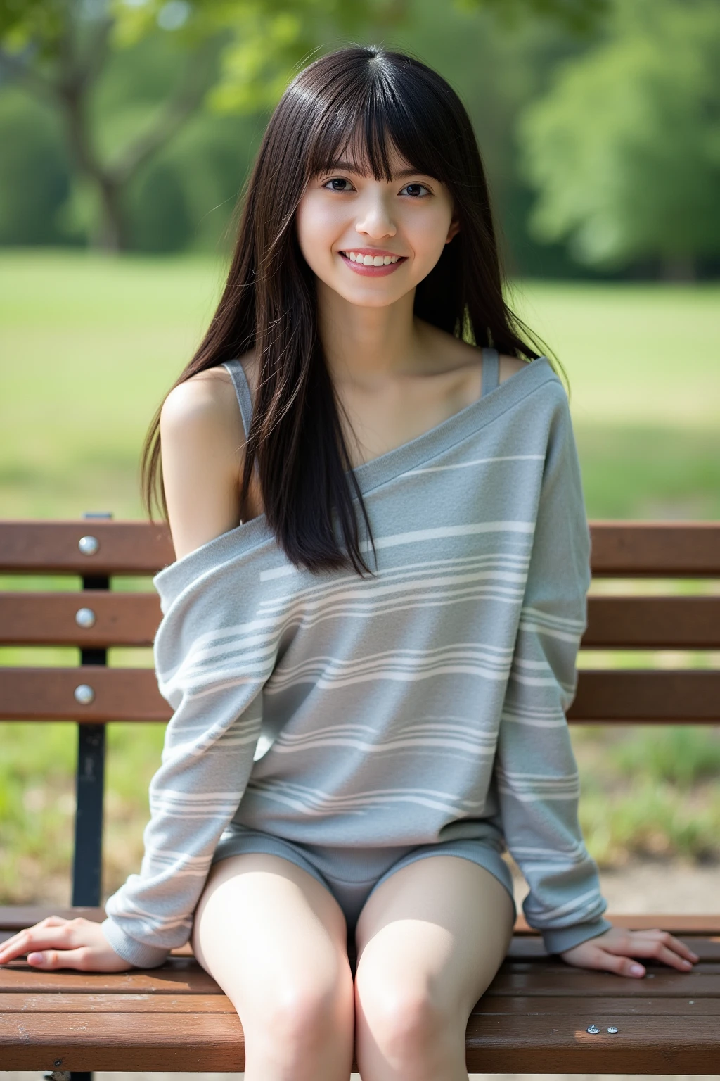 Pure Japanese school girl, natural body, beautiful legs, wearing loose casual uniforms, natural hair styles, sweet smile, sitting relaxed mood, sweet temptation, sexual attractive, refreshing in early summer morning, professional portrait photography,
