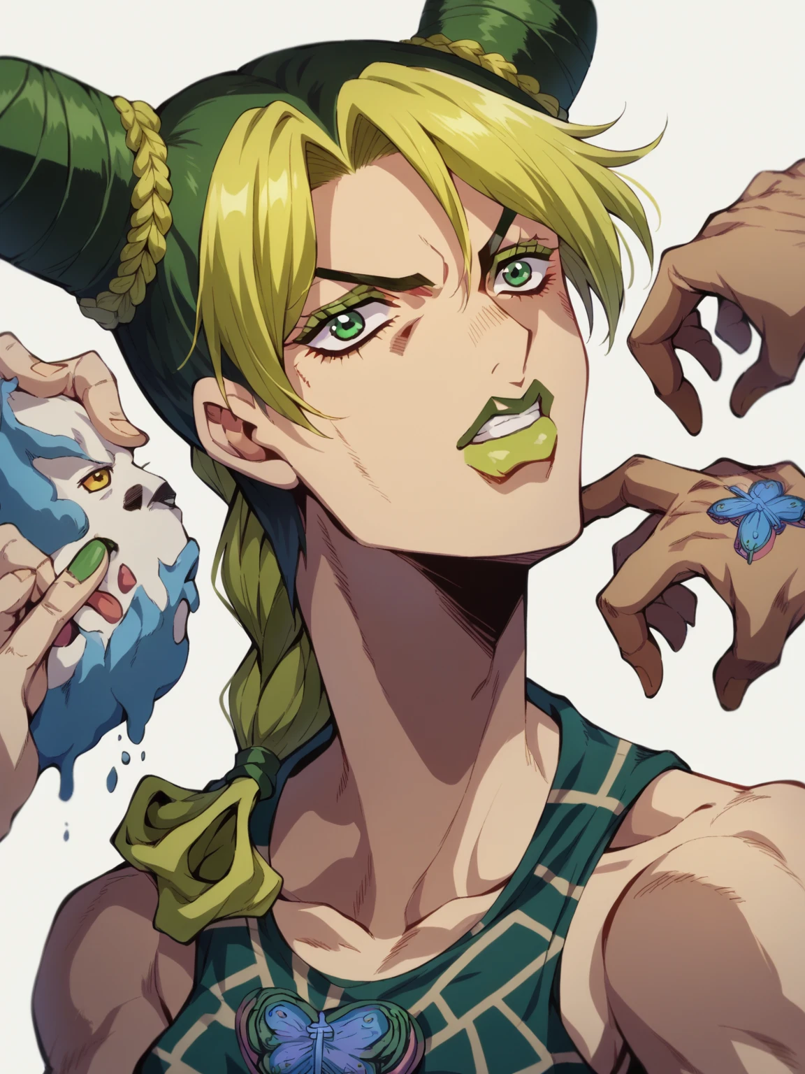 A naked and robust boy lies in a primeval forest, Dark green vines wrapped tightly around the slime-stained boy,The boy was covered in translucent mucus,Little by little,Sunlight shines through the shadows, The boy's expression was desperate,intoxicated,The boy showed a hint of flush on his face,Eyes narrowed slightly,The boy couldn't help it