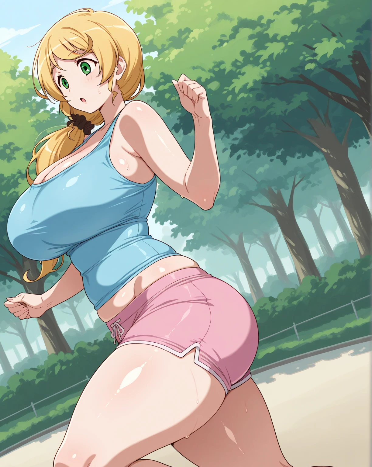 (masterpiece), (best quality), 1girl, (perfect face:1.2), (beautiful face:1.2), platinum blonde hair,  happy, light smile, looking at viewer, pose, 

Best Picture, Masterpiece, 4K, High Quality, One AdulA woman is on all fours in a grassy meadow. A large dog is holding her back. Silk underwear. A complete body. Perfect hands and legs. Beautiful body, beautiful legs. Beautiful hands. Perfect body, perfect legs. Perfect hands. Cowboy shot
Woman's sweaty, wet, scantily clad, visible breasts and erect nipples. Sweat is soaking through.
She looks distressed, her cheeks flushed, both eyes closed, mouth open.
One cool, mature woman and one big dog. Tank top, hot pants.



(A very short skirt).