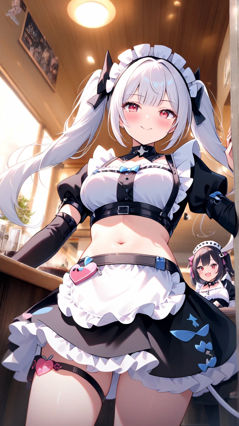  face、I can see the side、Black and white maid outfit、（Lower body naked）、indoor、of（Empty container）、（（I can see the pussy））、（R18）（accurately）