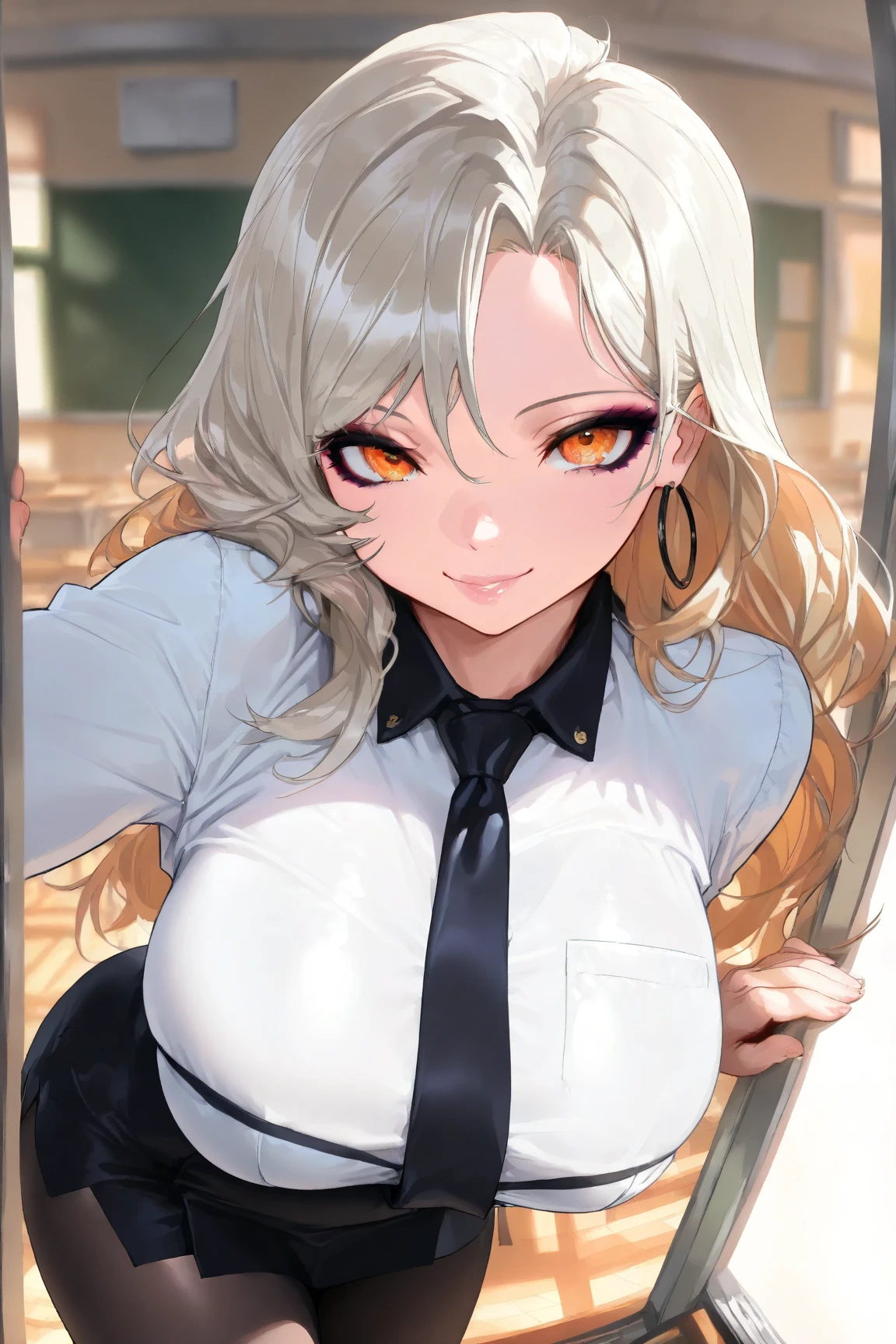 incomparable masterpiece, ultra 8k CG, ultra alta res, arte perfeita, limpo, rosto bonito, rosto puro, cabelo detalhe, finamente detalhado belos olhos e rosto, belos olhos detalhados, hiper extremo detalhado, melhor qualidade, Perfect illustration, extremamente delicado e bonito, extremamente detalhado, papel de parede 8k, Awesome, detalhes finos, arte oficial, papel de parede CG 8k extremamente detalhado, incrivelmente absurdos, tamanho de arquivo enorme, ultra-detalhado, extremamente detalhada, menina bonita detalhada, olhos e rosto extremamente detalhados, 1girl, solo, (chabashira sae:1.2), rabo de cavalo alto, terno, jaqueta, decote, velho, envelhecido, matural female, milf, seios pequenos, labia, olhando para o espectador, hands on hip, segurando caneca de cerveja, standingn, brown pantyhose, thighband pantyhose, grampo de cabelo, cabelo castanho, olhos castanhos, corpo inteiro, camisa branca, camisa de gola, blush, nariz blush, sorriso, boca fechada,