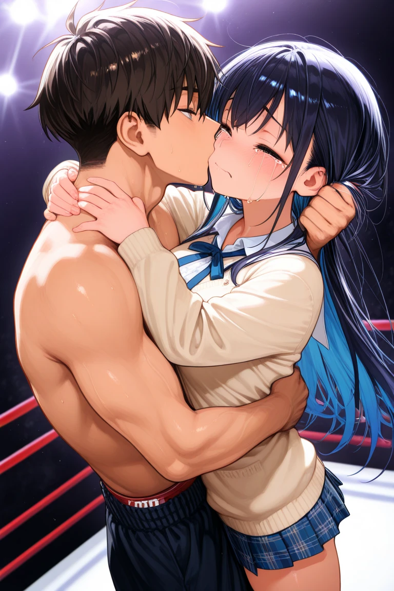 (masterpiece,best quality:1.3),(ultra-detailed,high resolution:1.2),(illustration),((an extremely delicate and beautiful)),(detailed background),((1girl,tall stature)and(1fighter boy,tall stature)),hetero,(1girl,tall stature:1.4),(curvy:1.4),(long hair, french braid),straight hair, (blonde hair), light blue eyes, (large breasts), pale skin,shiny skin, (rolling eyes:1.4),(ahegao),(trembling),((She wears white hood, white robe, mace)), ??? in pussy,(??? on clothes:1.4), ??? on body,??? in mouth,??? on hair,excessive ???, (1fighter boy,tall stature),smug,large ?????, ((vaginal,???)),(upright straddle,couple,face-to-face,kiss),(wrestling ring),