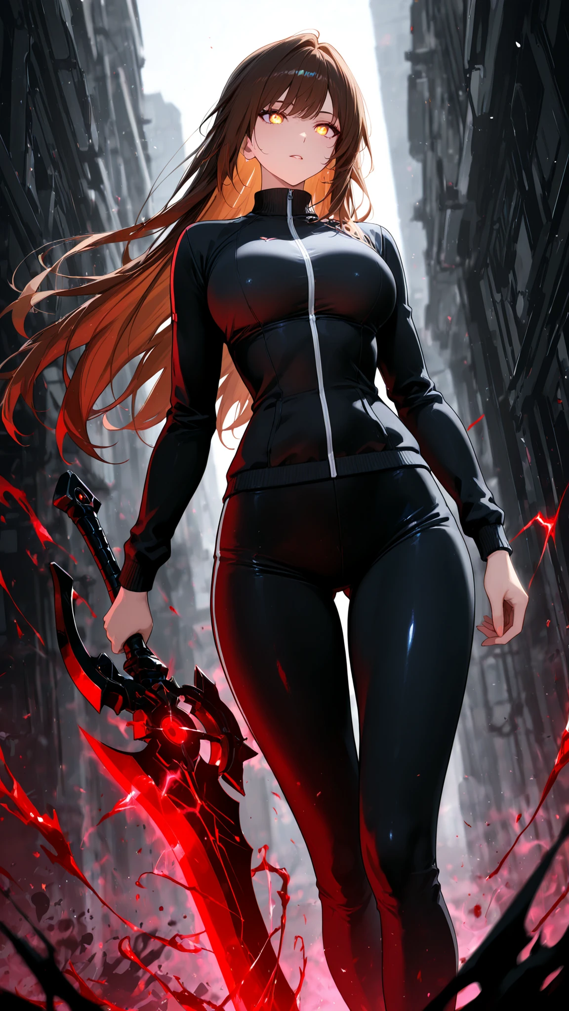 "A stunning anime-style young woman, 8–20, with long brown and light blue-colored eyes that reflect both warmth and quiet intelligence. Her skin is light-toned, and she has an attractive, fit figure. She wears a sleek black tracksuit, casual but fitted to highlight her agile and athletic form. Around her fingers are two elegant glowing rings — the twin thought rings — subtly pulsing with a soft telepathic glow, representing a deep mental link. In her right hand, she holds the 'Soul Blade' — a beautifully ominous weapon with a sleek, dark metal blade that pulses faintly with a red, ethereal energy. She stands confidently, her posture calm yet powerful, evoking both beauty and deadly precision. The background is lightly abstract, focusing all attention on her presence, in high-resolution anime illustration style." Versius "A stunning anime-style young woman, 8–20, with long brown hair and honey-colored eyes that reflect both warmth and quiet intelligence. Her skin is light-toned, and she has an attractive, fit figure. She wears a sleek black tracksuit, casual but fitted to highlight her agile and athletic form. Around her fingers are two elegant glowing rings — the twin thought rings — subtly pulsing with a soft telepathic glow, representing a deep mental link. In her right hand, she holds the 'Soul Blade' — a beautifully ominous weapon with a sleek, dark metal blade that pulses faintly with a red, ethereal energy. She stands confidently, her posture calm yet powerful, evoking both beauty and deadly precision. The background is lightly abstract, focusing all attention on her presence, in high-resolution anime illustration style." masterpiece, best quality, dynamic pose, action scene, motion blur,intense lighting, strong facial expressions, battle-ready poses,flowing hair, weapon, dramatic angle,blood splatter, glowing effects, energy surge.
