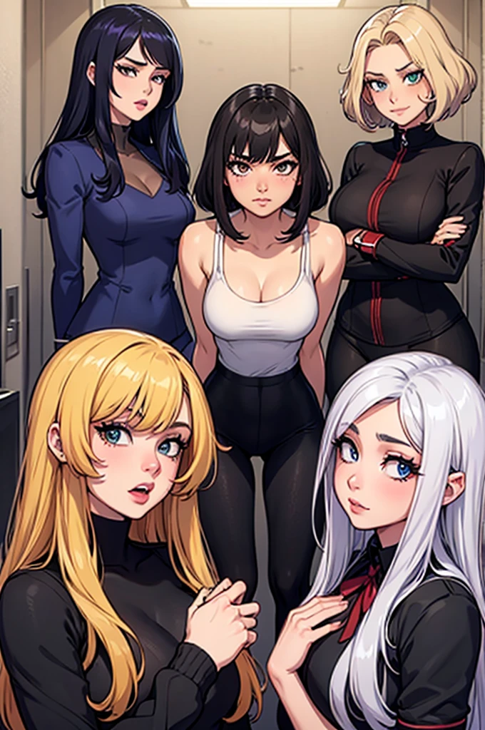 four sexy women who are wives of 4 years old boy looking at camera, seductive smiles, portrait, various hair