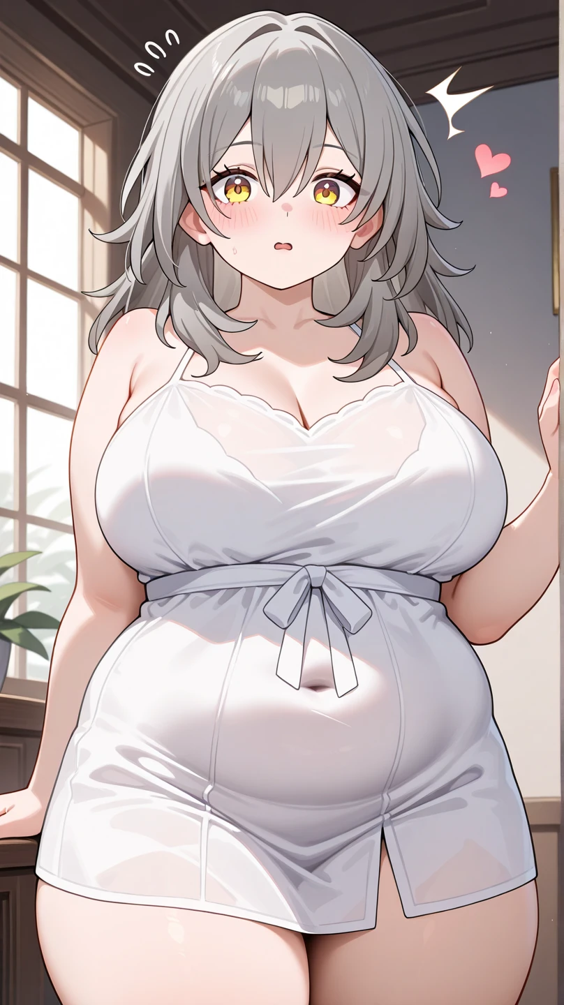 (bust:1.5),책 더미 위에 앉아 있는 big bust을 가진 애니메이션 캐릭터, Tsk tsk, , She has a jiggly, fat, round belly, brother, Ahegao, Kantai Collection Style, Fat Chan, thick black lineart, Shikamimi, cel shaded animation, brother proportions, big tummy, umamusume,(big bust:1.5), (Black eyes with a slight purple tint:1.5), (Very white and long hair with a bluish tint, weak perm:1.5), (white sleeves wrapped around arms, oversized white shirt, oversized white shirt:1.5), (bare foot, round-rimmed glasses:1.5), (Belly Fat, muffin top, plump:1.1), (smiling faintly:1.5),(human ear,thin legs:1.5),