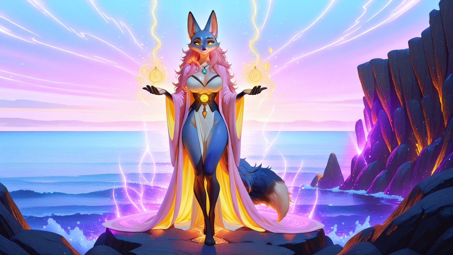 by fluff-kevlar, by ouka, by Kilinah, (((woman, breasts, antrum, extremely detailed, extremely detailed legs, extremely detailed arms, extremely detailed face, perfectly detailed eyes, perfectly detailed anatomy))): 1.2, beautiful and detailed portrait of an anthropomorphic vixen ((female))), anthro, female, fox, high definition, good anatomy, yellow fur, yellow body, simple background, highly detailed face, dark lighting, moody lighting, full body, sexy body, slanky body, sexy face, nice, hot, cute, pawpads, paws, showing feet, magical levitating, blushing, friendly smile, smile, friendly, elegant, dark, mysterious, alluring, beautiful, yukata, black thigh highs, white garter, black thigh highs with beautiful white garter, elegant tattoo on hips, lightning, holding magical projectile in hand