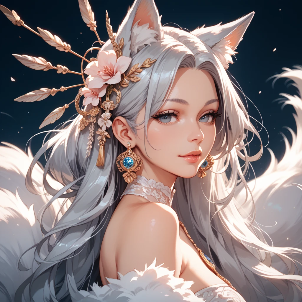 (Delicate, beautiful eyes and a delicate face,masterpiece侧光,masterpiece,The best quality at its best,detailed,High resolution illustrations),
(1 girl,Full Body Lesbian,Beautiful girl,Glowing Skin,Looking down,Displaying the viewer),
(white_background:2.0),
(white hair, Peeling_generally,generally_wear,Peeling_generally,, Cropped shoulders,長いwhiteい髪,blue eyes:1.5),(white狐狸耳朵,white fox tail:1.5),Blue Flower,,Scattered body parts