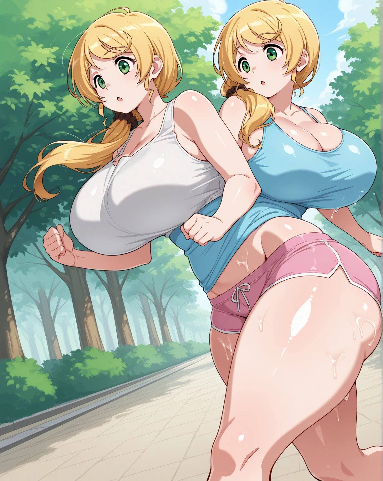 High resolution, Tsunade Senju, 1 girl, ((bimbo))), long blond hair, thick lips, wide hips, thick thighs, huge ass, sexy horny face , enormous huge natural breasts, cleavage, mature mom, see through white yoga pants, Pink sports bra, jogging, bouncing breasts