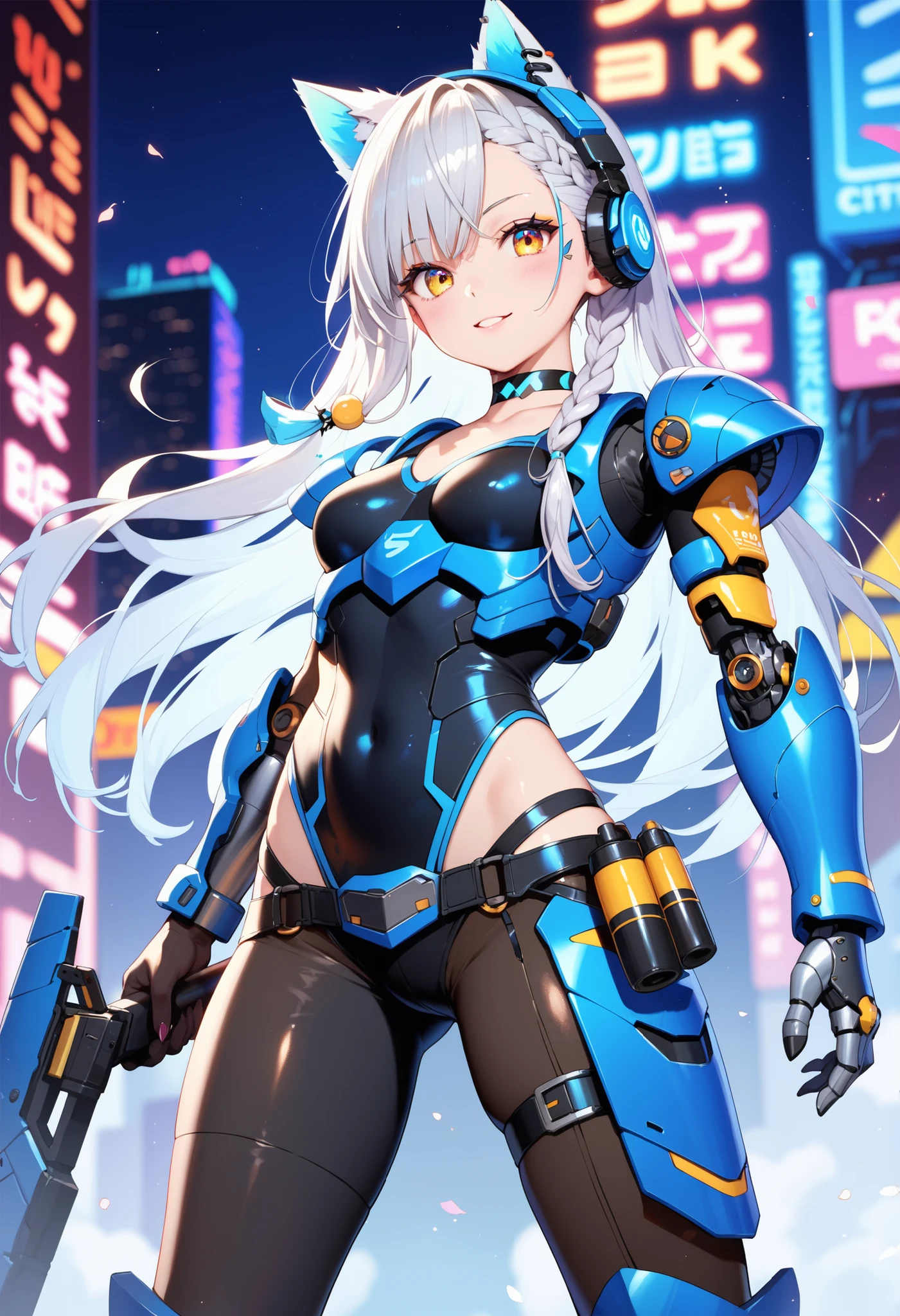 ((masterpiece:1.4、highest quality))+、(super detailed)+、
1 girl、cyberpunk city、flat chest、headphone、wavy hair、mecha clothes、(robot girl)、Cool move、Silver Bodysuit、colorful background、Wet day、(lightning effect)、Silver Dragon Armor、(cold face)、cowboy shot、pretty girl