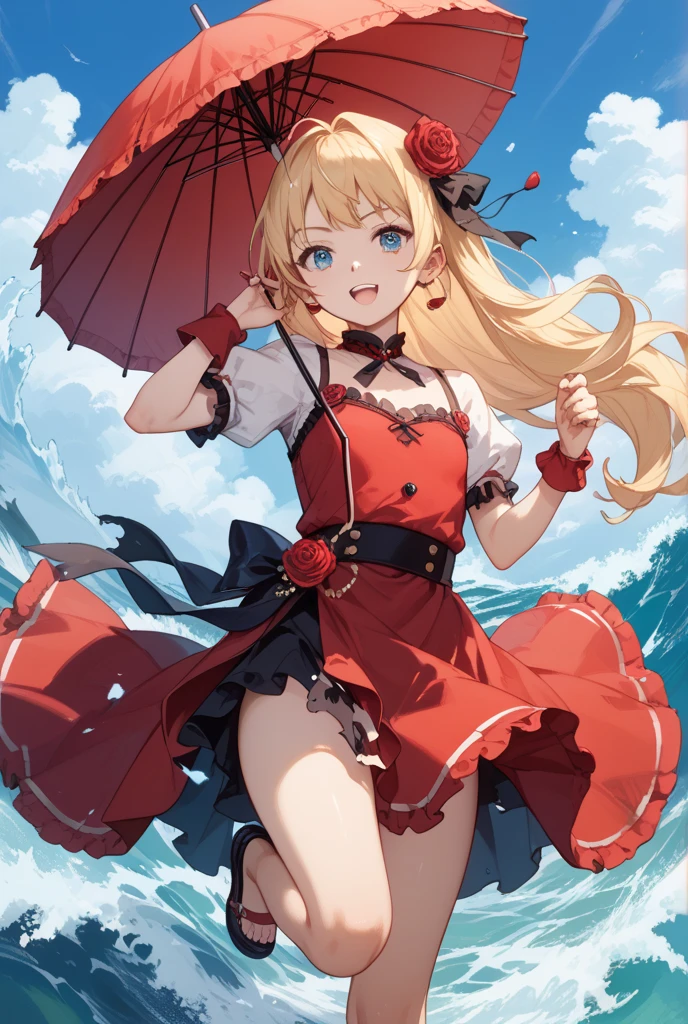 One blonde girl、red-eyed、Red dress、night、The sea