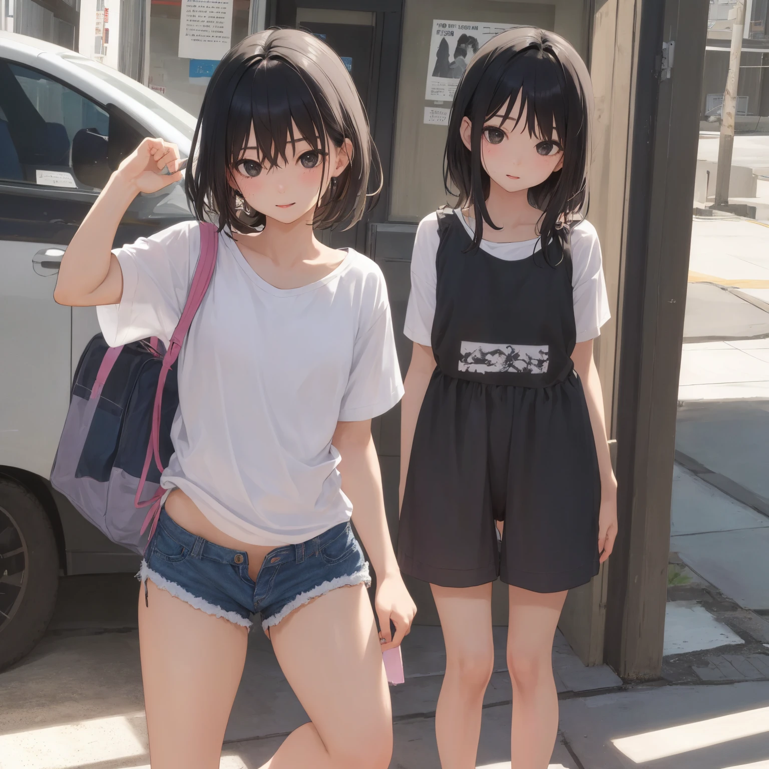 ((three girls are sticking out their big butt boldly)), (body shot), (Outdoor Rock Festival), Laughing with your mouth open, slender, hair band, Headband, hair bobbles, brown hair, blond hair, navel, jewelry, looking at viewer, necklace, long hair, short hair, Abdominal muscles, Thong,