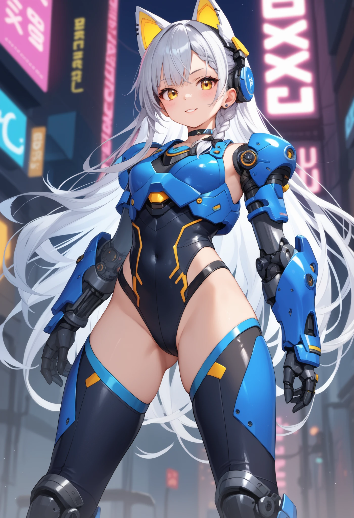 ((masterpiece:1.4、highest quality))+、(super detailed)+、
1 girl、cyberpunk city、flat chest、wavy hair、mecha clothes、(robot girl)、Cool move、Silver Bodysuit、colorful background、Wet day、(lightning effect)、Silver Dragon Armor、(cold face)、cowboy shot、pretty girl