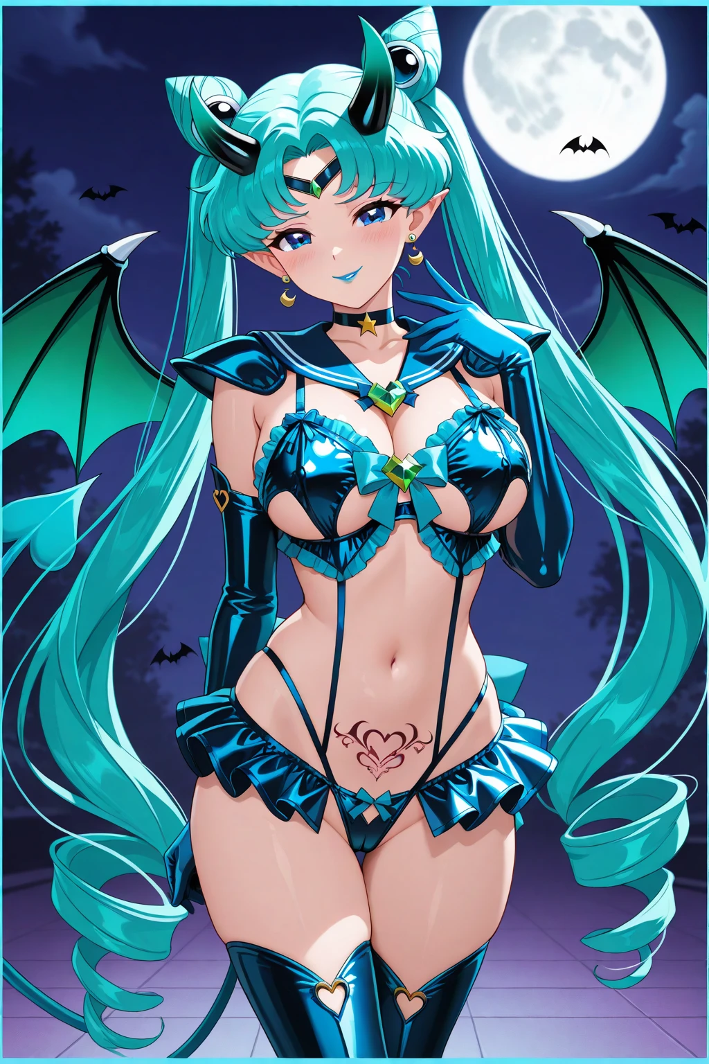 The corners are black、Female Devil、light blue hair、bat wings、Bikini with blue、The background is flames