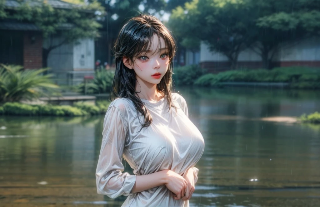 ((Best Quality, 8K, Masterpiece: 1.3)), Sharp: 1.2, Perfect Body Beauty: 1.4, Slim Abs: 1.2, ((Layered Hairstyle, Big Breasts: 1.2)), (Wet White Button Shirt: 1.1), (Rain, Street: 1.2), Wet: 1.5, Highly detailed face and skin texture, detailed eyes, double eyelids, face looking at the camera, , push up bra
