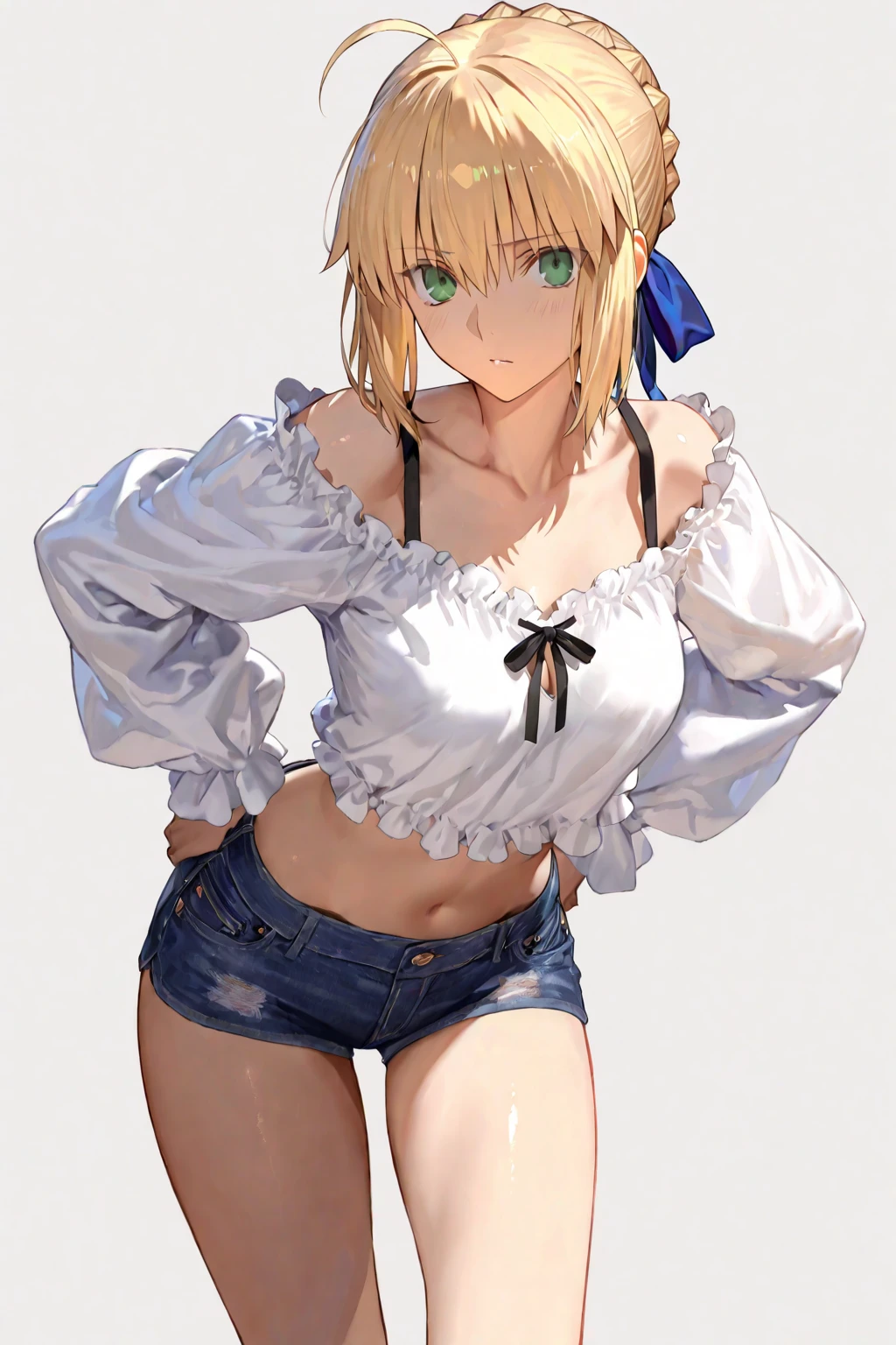 Masterpiece, Best Quality, illustration, city street, 1girl, Mordred \(fate\), cowboy shot, collarbone, Detailed blond hair ponytail braid, green eyes, Red leather jacket, White short blouse, denim shorts,navel,thigh-high,grin, covered_pussy,skiny,long_sword,apart_legs,