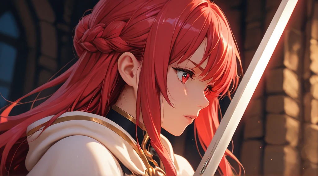 (hero neisan art style:0.7), (harayutaka art style:0.7), score_9, score_8_up, score_7_up, score_6_up, uncensored, Iris Midgar, red hair, long hair, braid, red eyes, BREAK (masterpiece:1.2), best quality, high resolution, (detailed eyes:1.3), perfect lighting, (perfect hands, perfect anatomy), large breasts, night, sword, 1girl, katana, night_sky, solo, japanese_clothes, sky, cleavage, wide_sleeves, sheath, earrings, star_(sky), over_shoulder, looking_at_viewer, detached_sleeves, moonlight, outdoors, shaded face, looking down, expressionless, lips, torn clothes, burn scar, glowing sword, bokeh, shimmering light, sparkle,