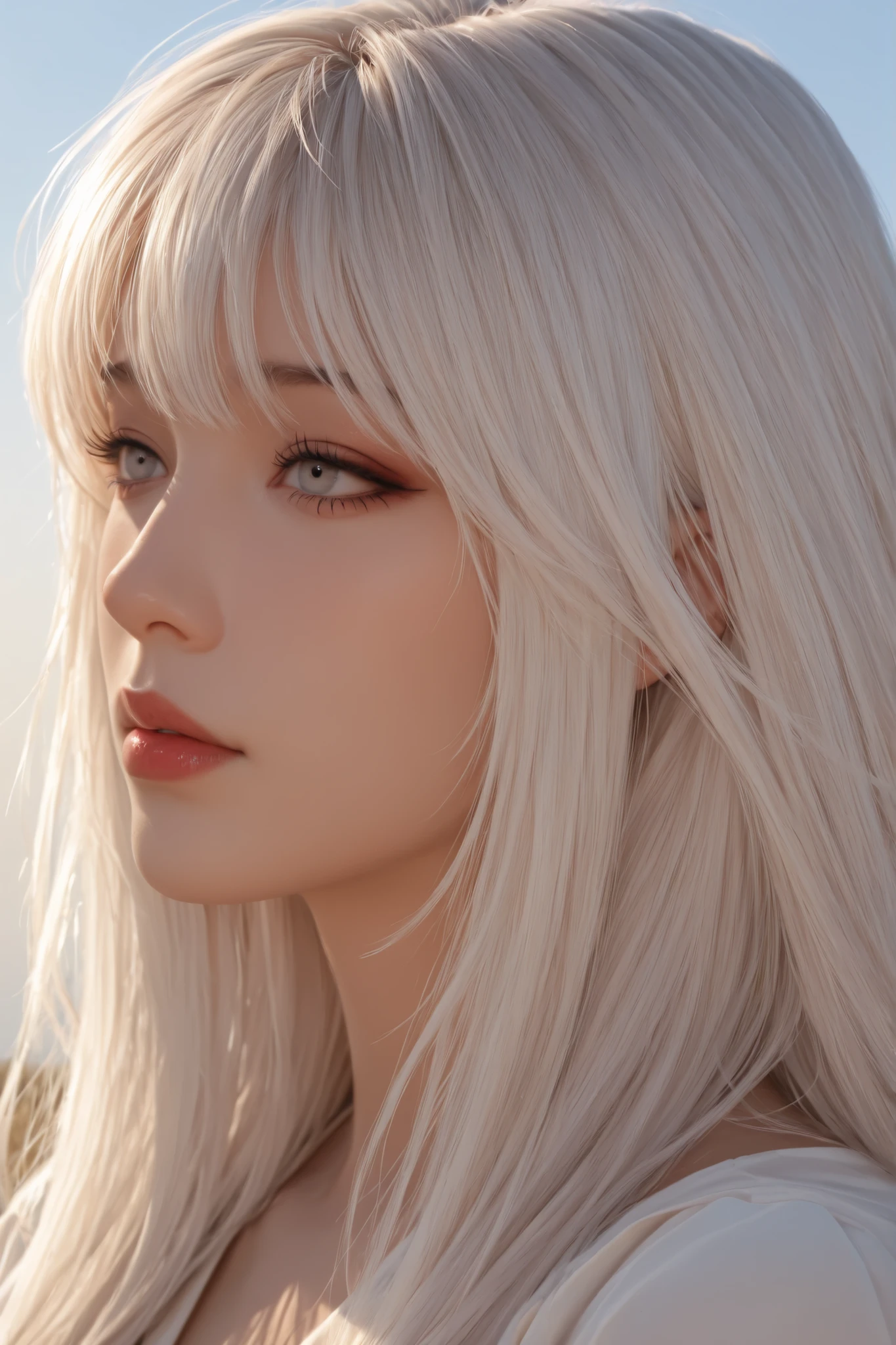 girl in the sun, Clear shadows, neutral white lighting, clear sky background, stands downtown during realistic tone, make up, stands downtown during realistic, Masterpiece, best quality, super detailed, high resolution,