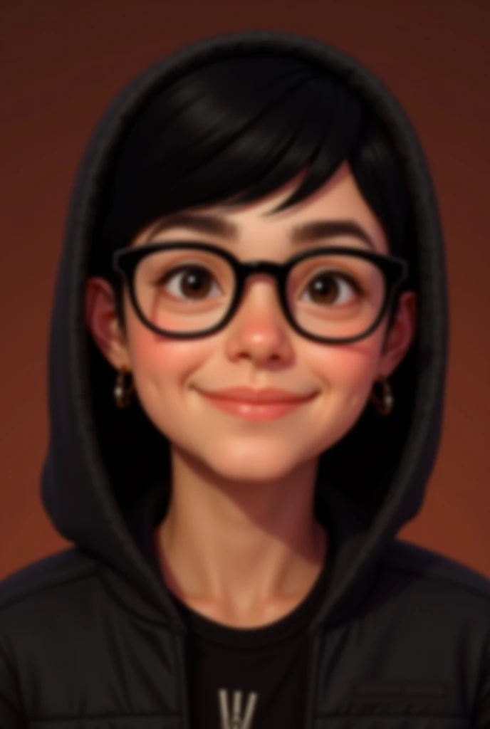 jovem mulher nerd sorrindo, pele marrom, geek, olhos puxados, pele marrom blue glasses, cabelo preto curto, roupas modernas verdes, feliz, entusiasmada, podcaster, estiloza, pop, inspirada na Zendaya