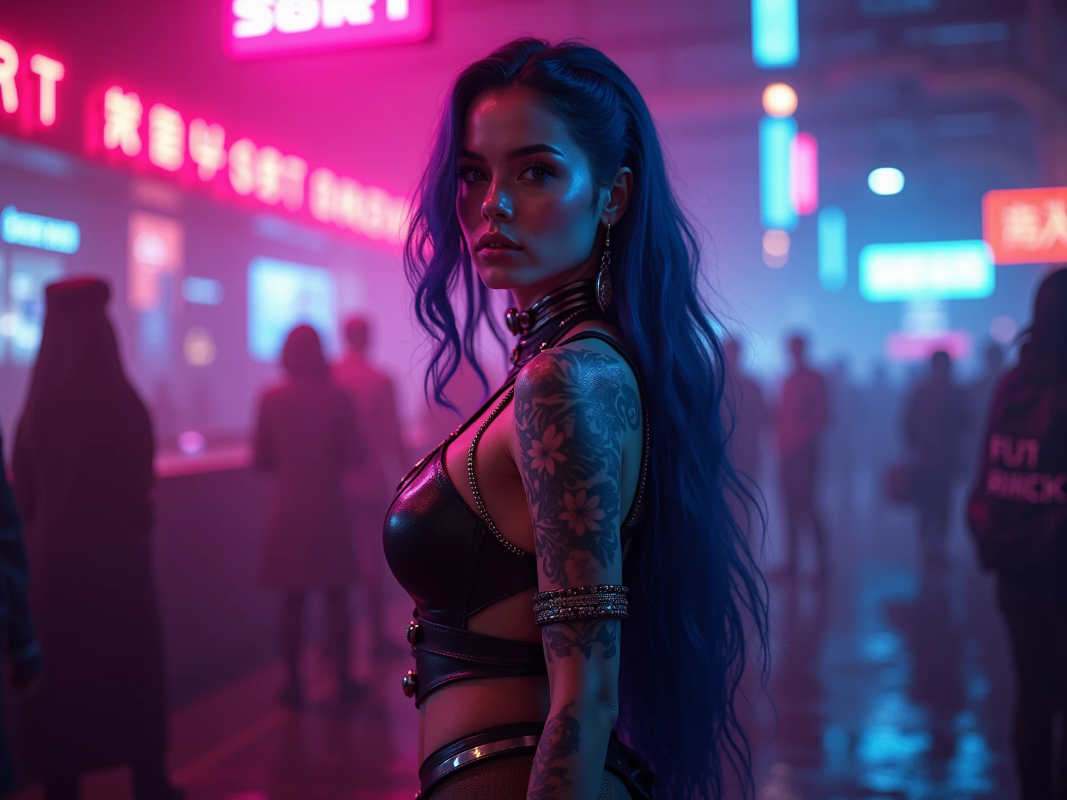 Busty brunette with wavy dark hair crawling toward camera. She has pale skin and red lipstick. She is eager to please. Nighttime with multiple neon lights from different spots in the darkened room. A sultry vibe.