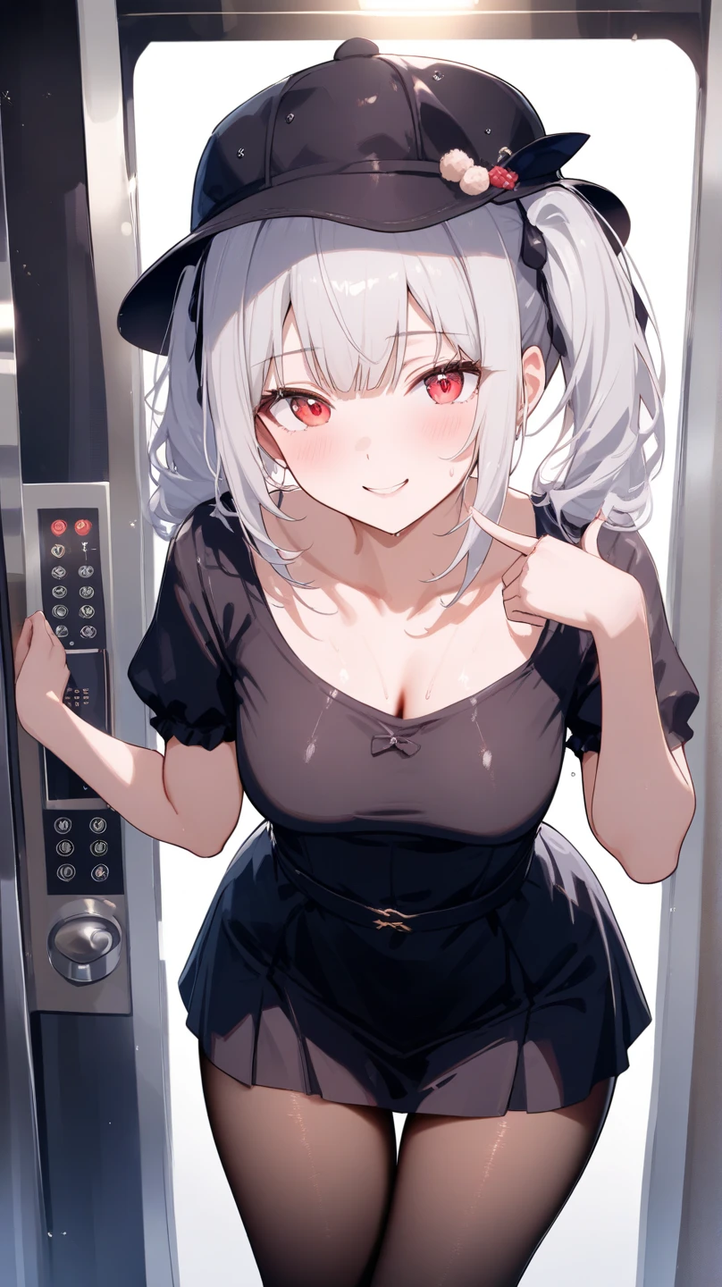 8 year old girl white hair ,Red eyes(one lens),a white dress(that reaches your knees) a little chubby,.