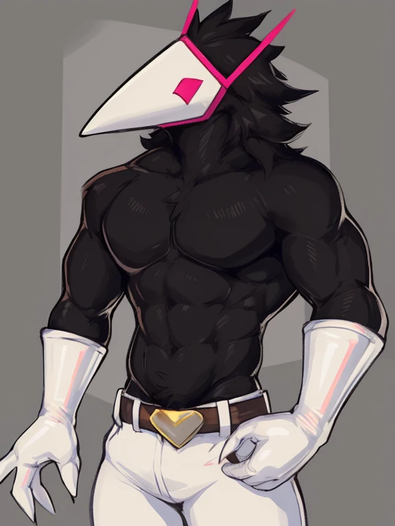 masterpiece, Best quality, realistic、a handsome guy , androgynous, muscular, in sheet ghost costume, Flawless anatomy、shirtless., male body、l, black latex gloves, choker, abdomen tattoos, buldge, latex hood, no face visible