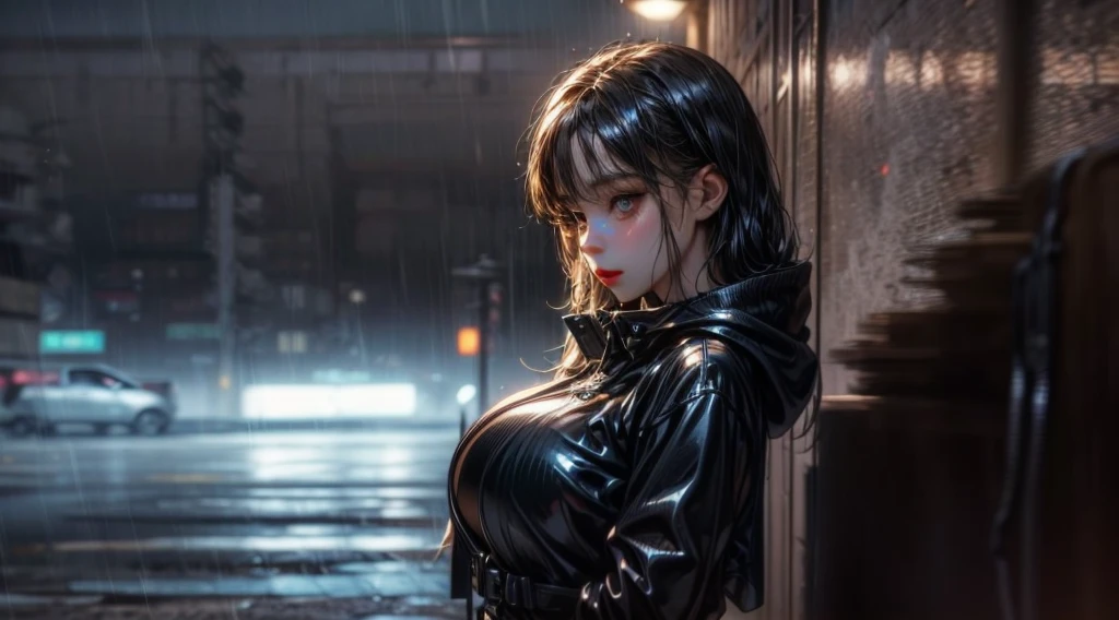(RAW shooting, Photorealistic:1.5, 8k, Highest quality, masterpiece, Ultra-high resolution), Perfect dynamic composition:1.2, Modern city street corner at night, Expressions of sadness:0.3, (((Typhoon heavy rain))), Highly detailed skin and facial textures:1.2, A slim female police officer wet with rain:1.3, Fair skin, Sexy beauty:1.1, Perfect Style:1.2, beautifully、aesthetic:1.1, Very beautiful face, Water droplets on the skin, (Rain dripping down on my body:1.2, Wet body:1.2, Wet Hair:1.3), (Wet police officer'Tight leather skirt:1.2, Wet police uniform:1.3), belt, (Mid-chest, Bra see-through, Chest gap), (cry, Heartbroken, Her facial expression when she felt intense caressing, Facial expressions when feeling happy), (Beautiful Blue Eyes, Beautiful erotic eyes:0.8), (Too erotic:0.9, Fascinating:0.9), Cowboy Shot, handcuffs, necklace, Earrings, bracelet, clock