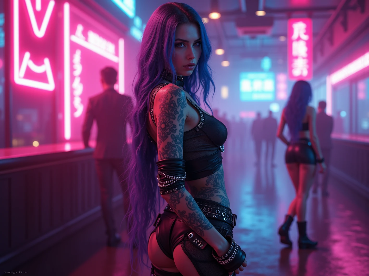 arafed woman with blue hair and tattoos posing on a railing, dark cyberpunk illustration, seductive cyberpunk dark fantasy, cyberpunk art style, cyberpunk angry gorgeous goddess, cyberpunk beautiful girl, cyberpunk themed art, cyberpunk girl, jet black haired cyberpunk girl, female cyberpunk anime girl, cyberpunk artstyle, cyberpunk dark fantasy art, cyberpunk 2 0 y. o model girl