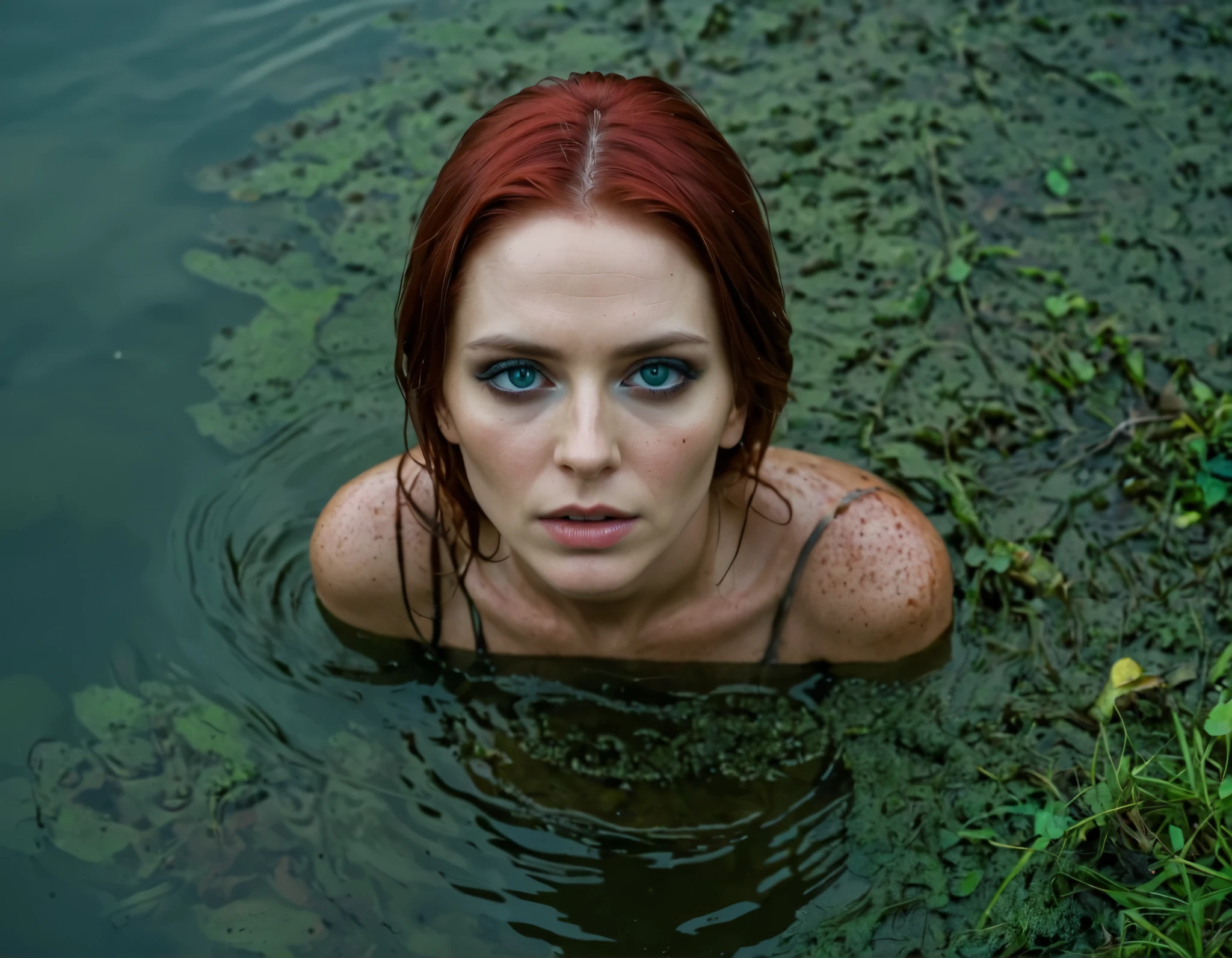 masterpiece, minimalistic art, detailed (45-year-old fragile woman head) , sexual tension ,shameful intense vulnerable gaze , tension, drowning in sludge bog . wearing shirt. The atmosphere of the photo remains dark and intense. make-up, unusual beauty, fetishism atmosphere, red green blue