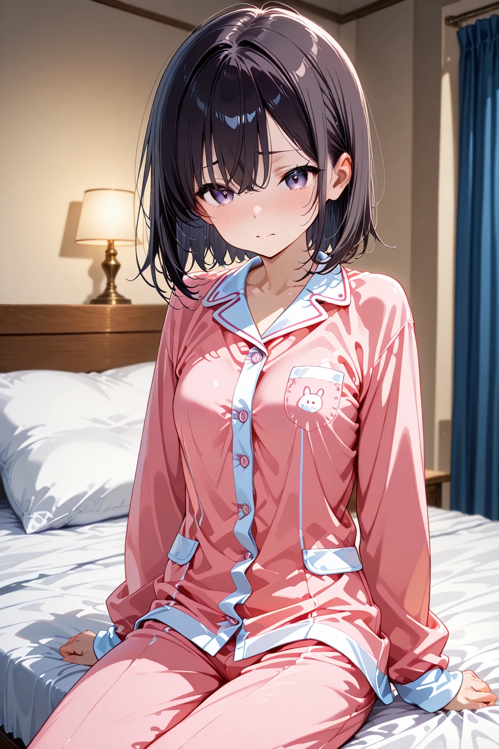 Highest quality、Black Hair、Iris、short hair、girl、cute、16 years old、、Small hair ornament、1 person、Cute pajamas、Lie down on the bed、smile、