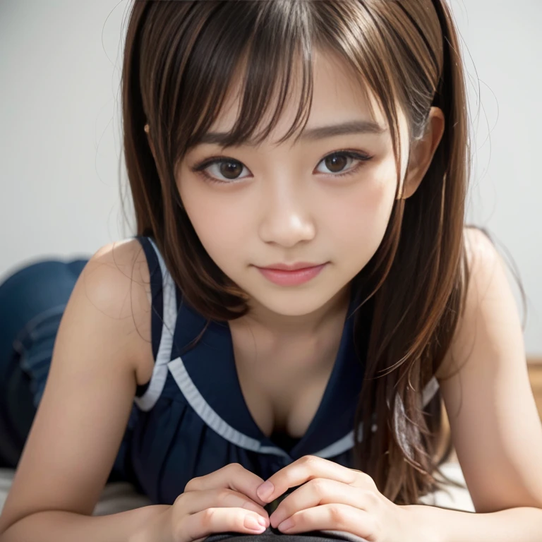 Little girl on top，Looking down，from below，Flat sandals，did not wear panties，sitting on the classroom desk，Crotch view，Bottom view，Mocking expressions，Smiling，No bandeau，Large angle upward view，Sky background or ceiling background