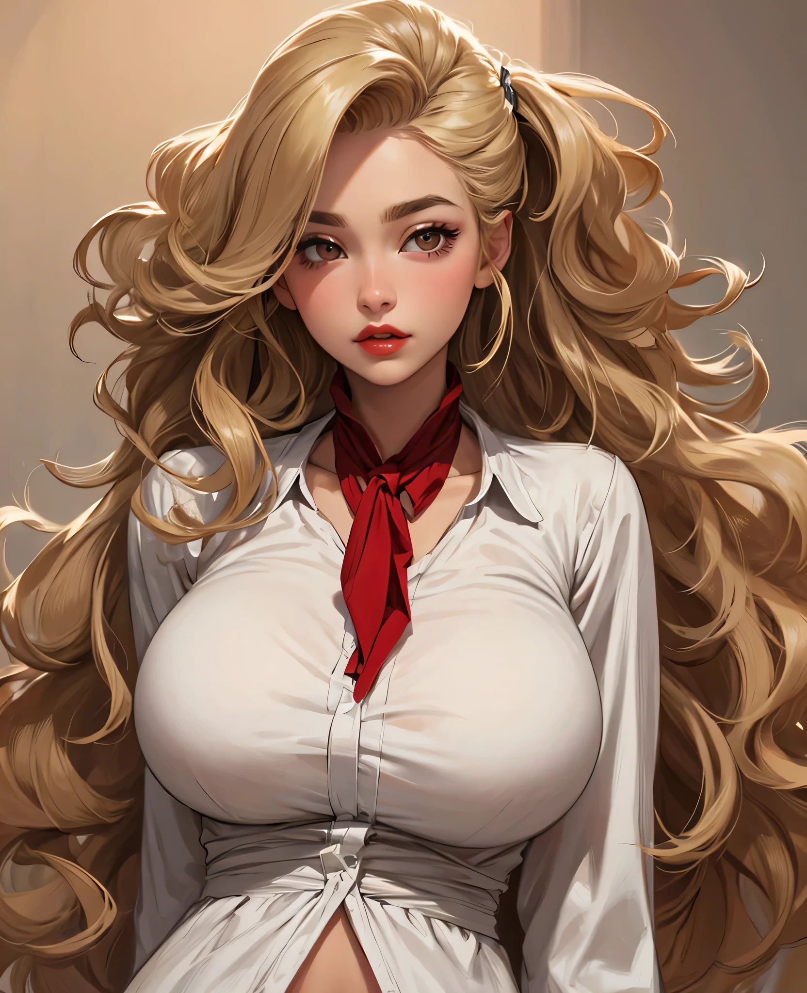 large hair, blonde hair, thin eyebrows, brown eyes, thick lips, red lips, female beautiful, face perfect, white shirt, large breasts, pov