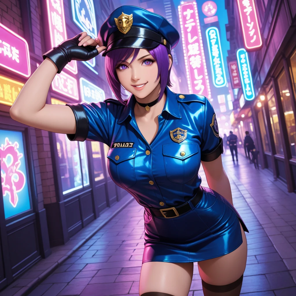 ((masterpiece)), ((best quality)), ((highres)), 1girl, solo, police officer, (matching pants, slacks), city backdrop, (holding and aiming pistol, detailed pistol, glock 22, trigger discipline), standing, medium hair, (purple hair, twintails), (green eyes),