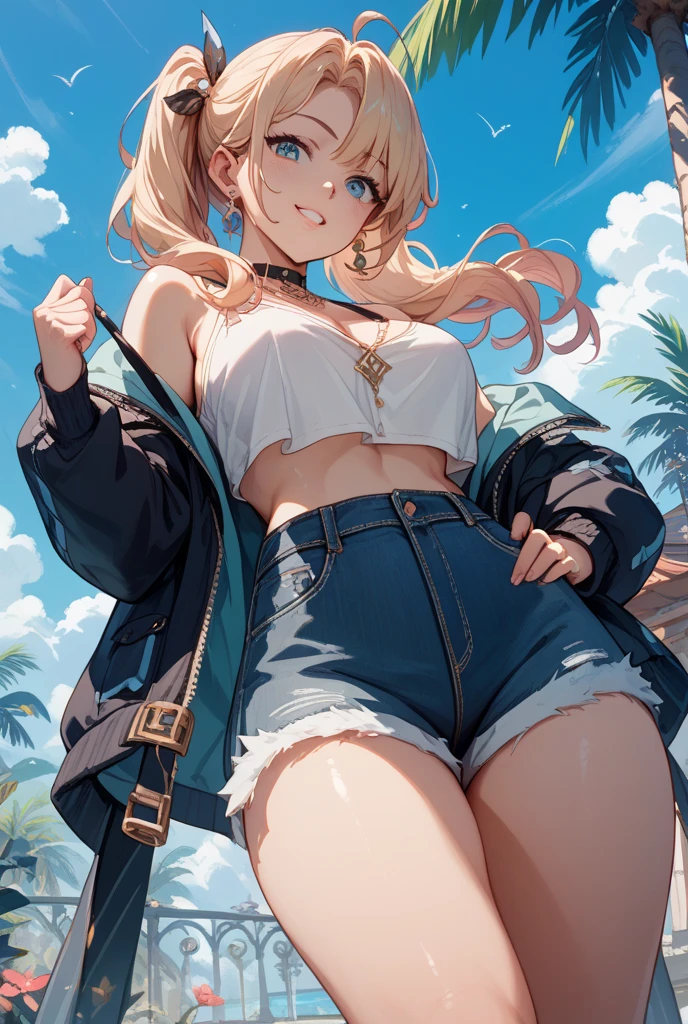 masterpiece, best quality, highres, ccsaber, blonde hair, green eyes, ahoge, beach, sky, sand, sea, sunny days, frilled bikini, short jeans pants, cute jacket, bare shoulder, smile, cleveage, breast out, blush, shy, cowboy shot, ((short pants)), (hands behind back), show teeth,