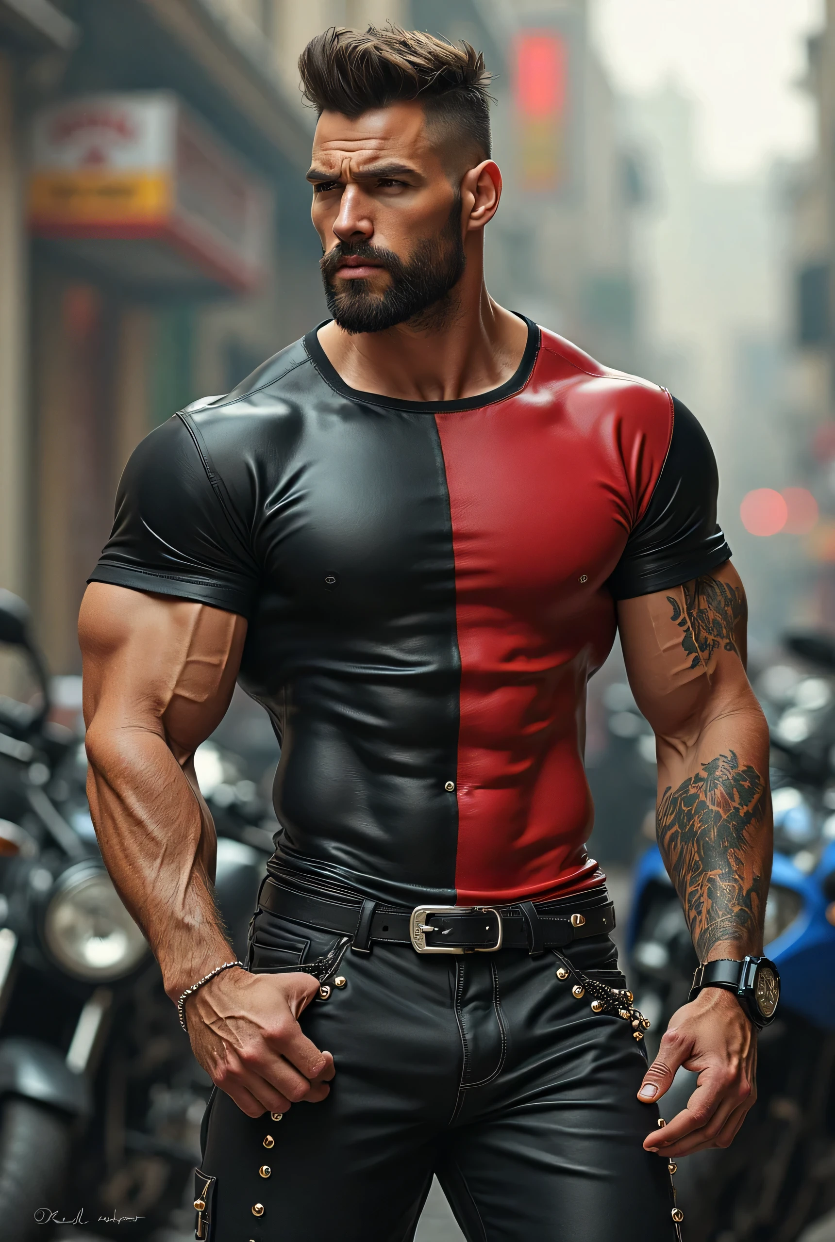 (absurdres, highres, ultra detailed, Ultra HD), ((tall handsome muscular man with a strong physique, solo, male model modern clothing, Full length portrait: 1.5, wearing a zip-up jumpsuit that is unzipped,)), beautiful, gorgeous, wet, mature, perfect eyes, sexy gaze, (looking at the viewers romantically), perfect body, smooth skin, a hot glow in his skin, extra large chest, largest breasts, extremely large pectorals, big nipples, breathtaking grandeur, model pose, colorful, artistic, focus on his calm facial features, elegant look, sexy posture, full body view, (tattooed chest:1.2), 