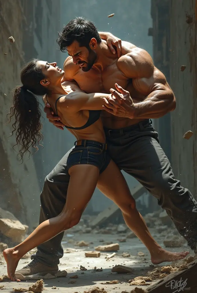 a muscular brown guy falling off a cliff where he is holding a dumbell with one hand and is holding a beautiful white girls hand with his other hand and there is a skinny guy from behind pulling this girl. and on the side of the cliff there are two fat black women eating sandwiches and in the corner is a skinny curly haired witch with an arched back standing