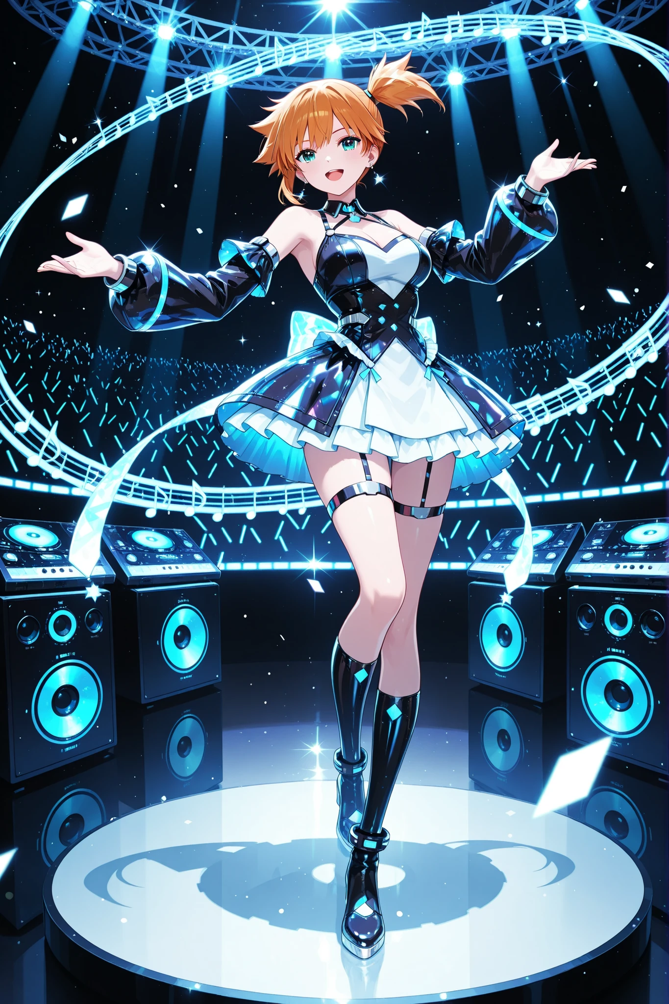 one woman with Misty, solo, cyber DJ girl, Full Body, While playing a star-shaped Guitarist, Live music singing、Dance, Surrounded by the Latest Sound Equipment, The Universe Itself Is a Music Studio, 