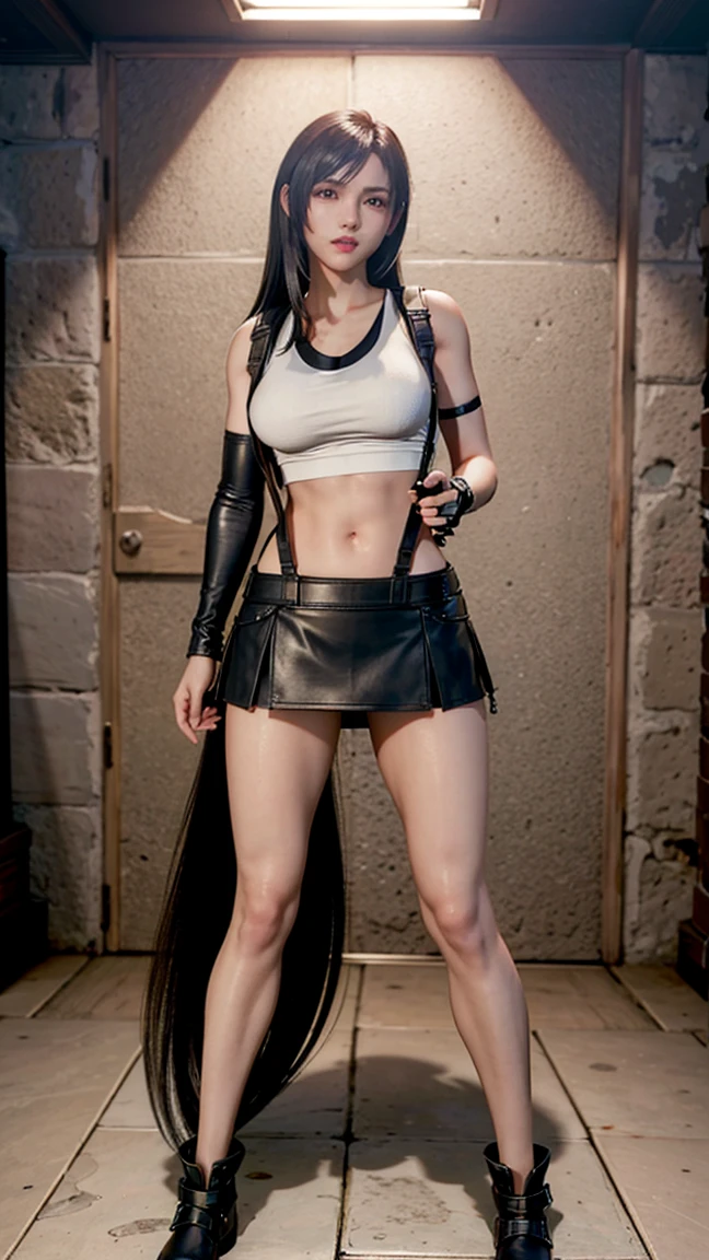 solo,1girl, single elbow pad, ankle boots, black hair, black skirt, black thighhighs, red boots, elbow gloves, elbow pads, fingerless gloves, taut shirt, sports bra, (suspender black skirt), thighhighs, white tank top,