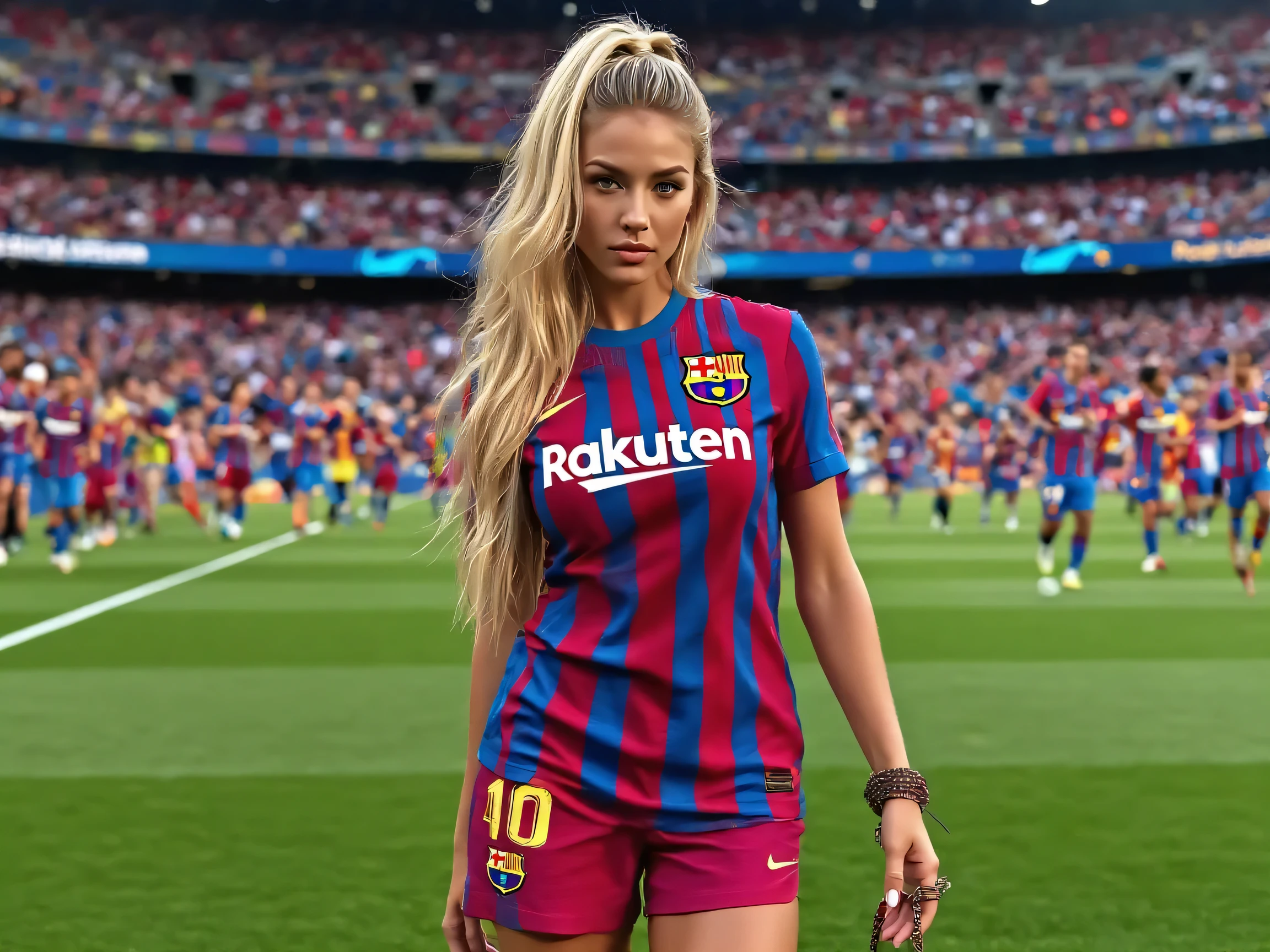 1girl, long hair, ponytail, depraved Barcelona football kit, earrings, jewelry, big breasts, (curvy), professional make-up, necklace, soccer stadium relaxation, (cyberpunk), dynamic light, dynamic angle, stadium sitting pose legs to the side