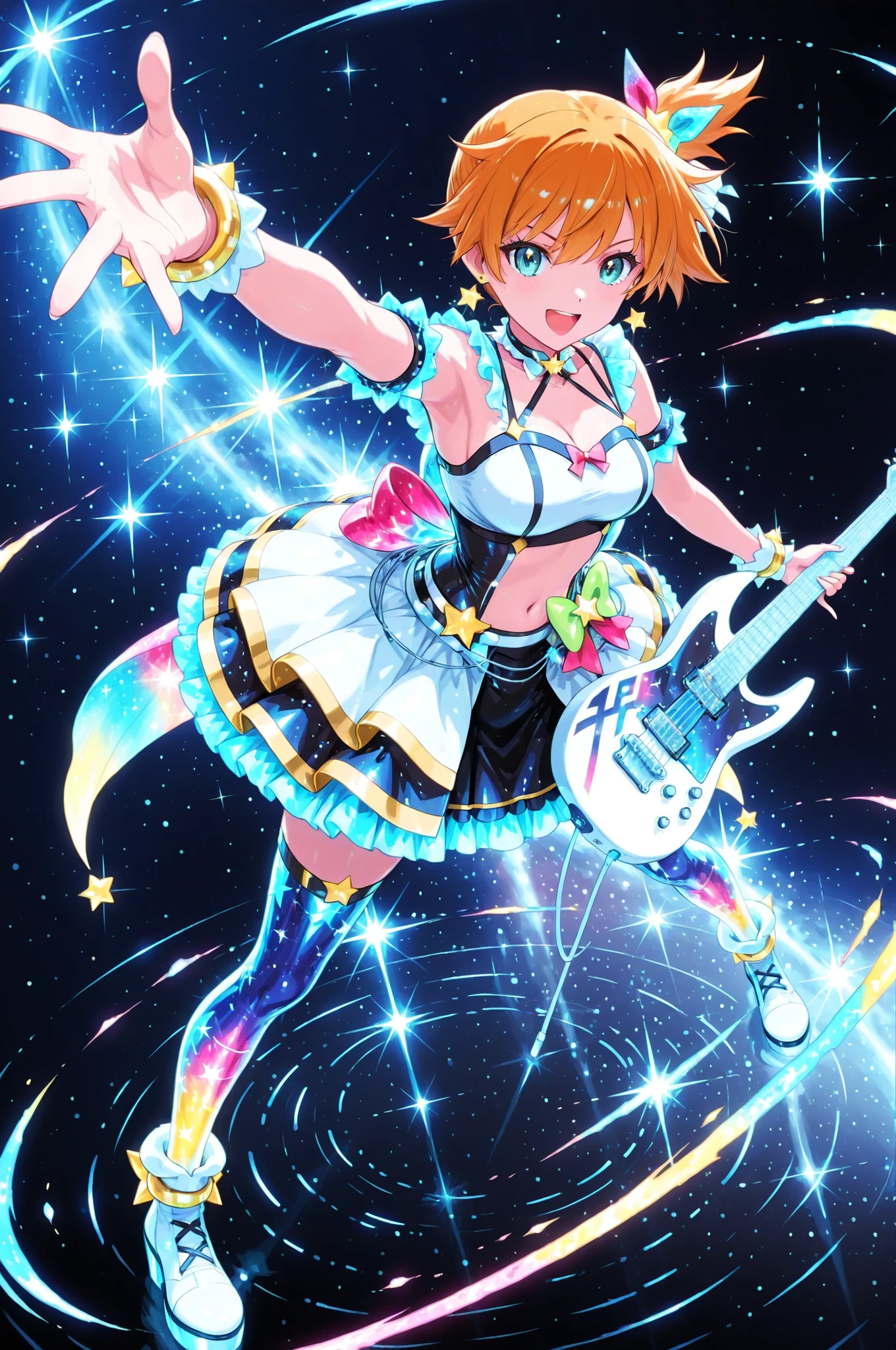Anime CG, Hi-Res, Absurdity, 8k, Masterpiece, ((((Detailed Eyes and Detailed Face: 1.2), Dynamic Angle, (((Detailed Eyes and Detailed Face: 1.2)))))), (((Perfect Human Hand, Super Detailed Human Five Fingers)))), ((Perfect Human Foot)), Upper Body, 1 or 2 Girls, Smile, Wolf Ears, Wolf Tail, Pink Eyes, Hairs Between Eyes, ((((Wink)))), D cup, cleavage, striped hair, (((((Colorful hair color: 1))))), (((Random hair color: 1)))), Variegated hairstyle: 1, twin tails, ultra-detailed gradient hair, ((T-shirt with kagenari letters)))), professional designer, fashion leader, ruffled dress, love live, jewelry, best stage, climax, professional stage, ( (Perfect singer holding the microphone in his left hand and singing emotionally, screaming, suffering, overflowing emotions, the best smile))), Singer, Vocalist: 1, Idol, Diva, ((((Galaxy, Universe, Earth, Planet, Battle, Explosion, Ivory Gold AI Space Spaceship))), Professional Stage, Professional Lighting, Live Lighting, Distract Your Gaze, Fan Service: 1, ( ( Sing on the stage of the AI universe: 1.2))), (((Sing on the stage of the AI universe: 1.2))), background, universe, earth, planet, battle, explosion, explosion, ivory gold ai spaceship in space, stars, ((((panchira, cute panties))))