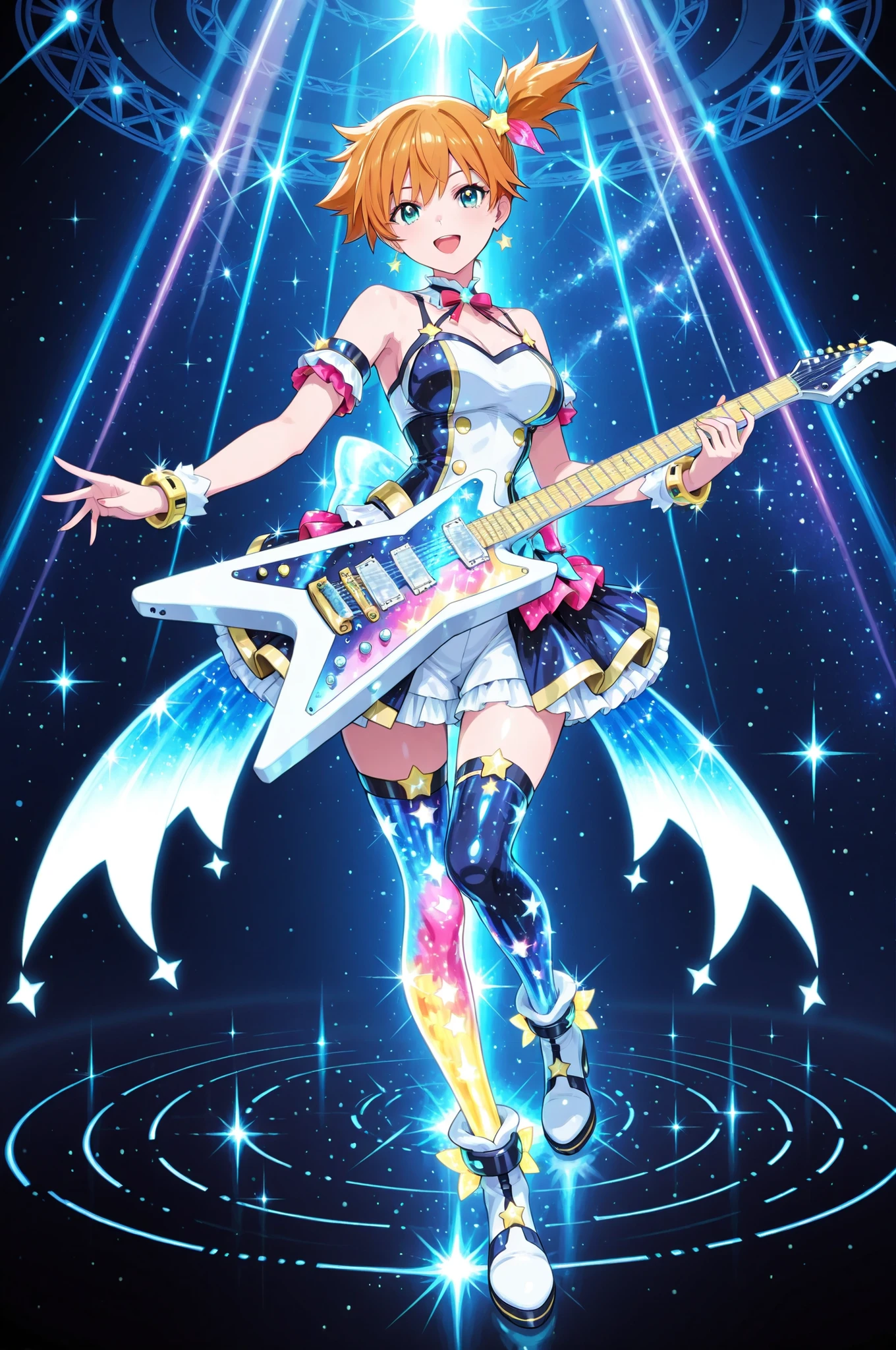 one woman with Misty, solo, cyber DJ girl, Full Body, Transformed Guitarを弾きながら,\Transformed Guitar like a star design,\ Live music singing、dance in space idol costumes, Surrounded by the Latest Sound Equipment, The Universe Itself Is a Music Studio, Colourful galactic effects, 