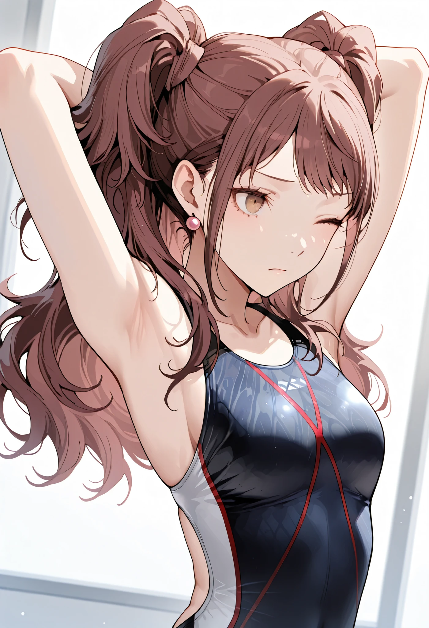 masterpiece,perfect anatomy,high resolution, ultra-detailed,beautiful detailed eyes,dutch angle,absurdres,1girl,solo,p4rise, kujikawa, rise, twintails, long hair, brown hair, pink earrings,(competition swimsuit:1.3),arms behind head,stretching,close mouth,(>:( / frown, closed mouth),one eye closed,