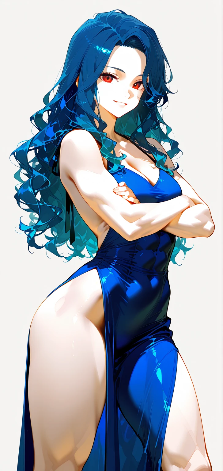 melkor_manchin art style, 1girl, blue hair, watercolor, visible brush strokes, full body, muscles, (long hair:1.2), body builder pose
