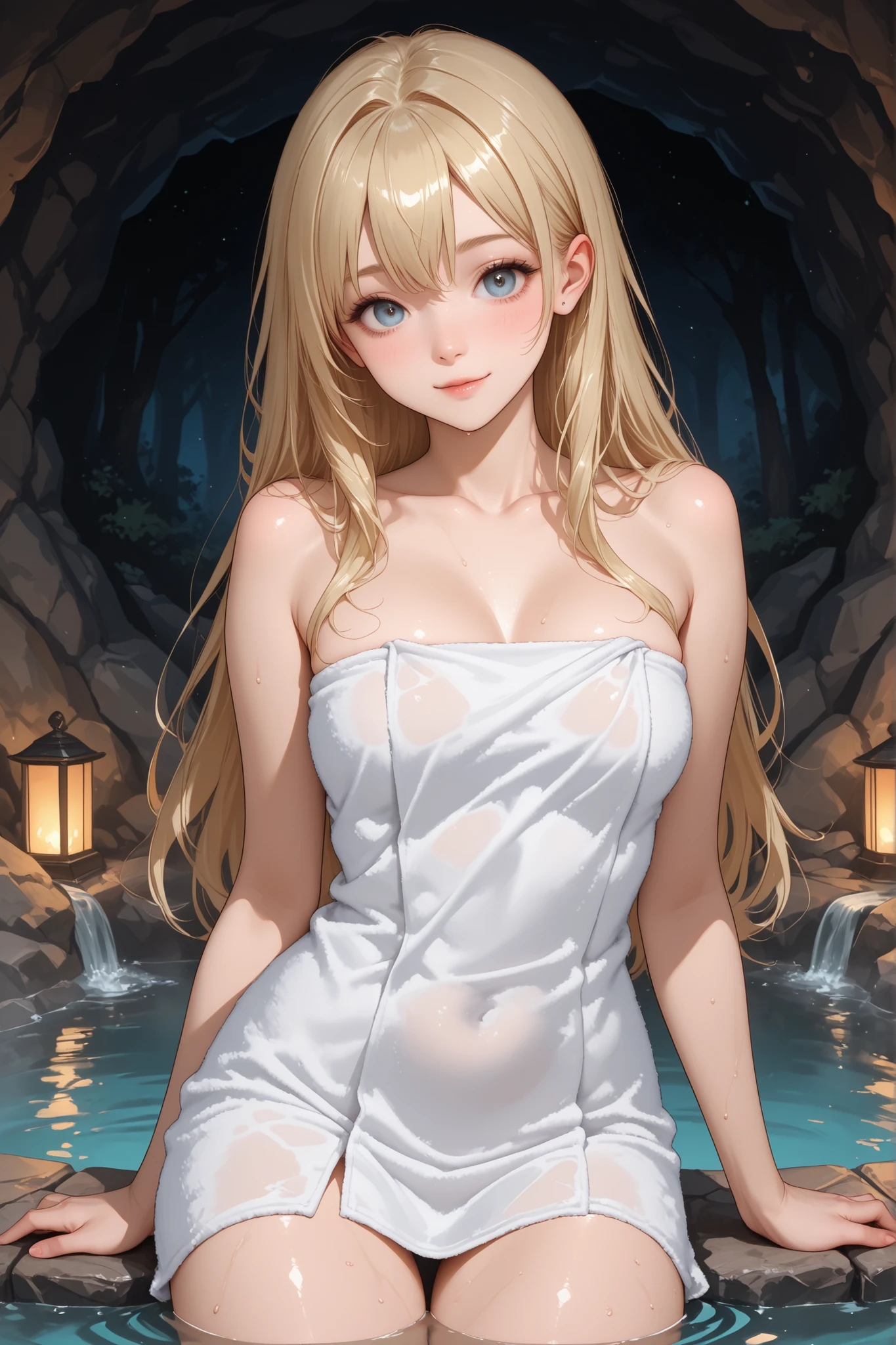 a blond、Ahoge、dress simple、Beautuful Women、smil、high-heels、二重まぶた、Well-proportioned body、Body Fit Costumes、fullmoon、Lake at night、Glowing ether、Beautiful girl reflected on the surface of the water