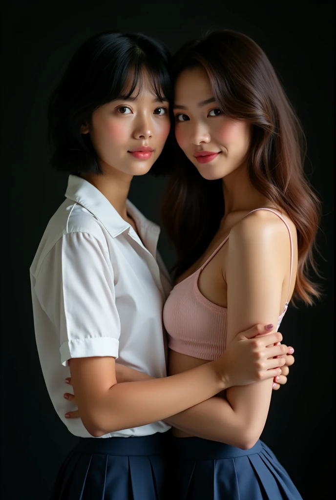 NSFW,8K Raw photograph,超高分辨率,filmgrain,cinematic ligh,looking at viewert,Natural skin texture,Realistic Eyes and Face Details,((Realistic:1.5)),Ulzzang-6500:1.4,((Best quality)), ((Masterpiece)),((Detailed)),2girls,duo,{2 beautiful women}, hugs