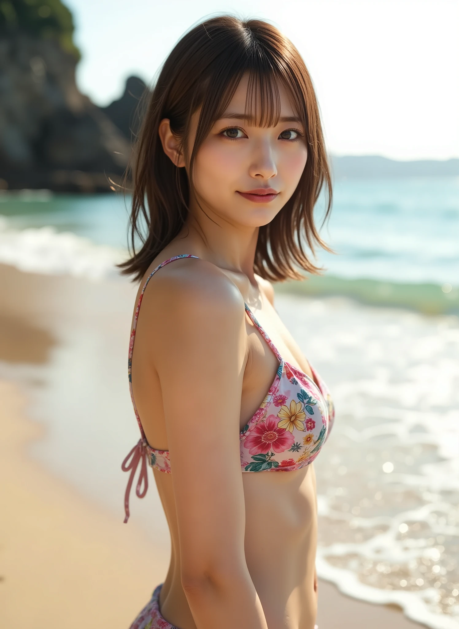 ((Highest quality, 8k, masterpiece :1.3)), One Girl, Beautiful woman with ample bust :1.3, (Short hairstyles :1.2), Full Body Bikini, Highly detailed face, fine grain, double eyelid, Underarm、（Full body images）